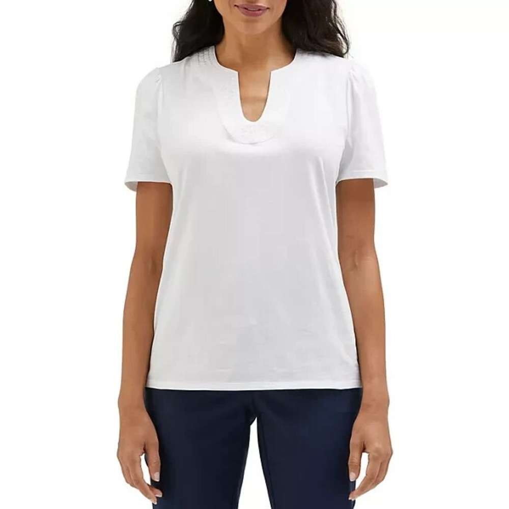 Rafaella Womens Short Sleeve V-Neck Top White Trapunto Stitch XS RSKSE001 SA